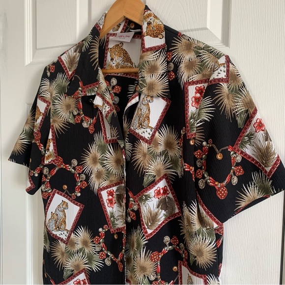 Vintage Cheetah Palm & Floral Black Button Front Short Sleeve Shirt - Picture 3 of 10